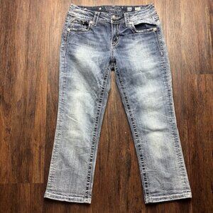Miss Me Mid Rise Easy Crop Jeans Distressed Light Wash Angel Wings Size 26